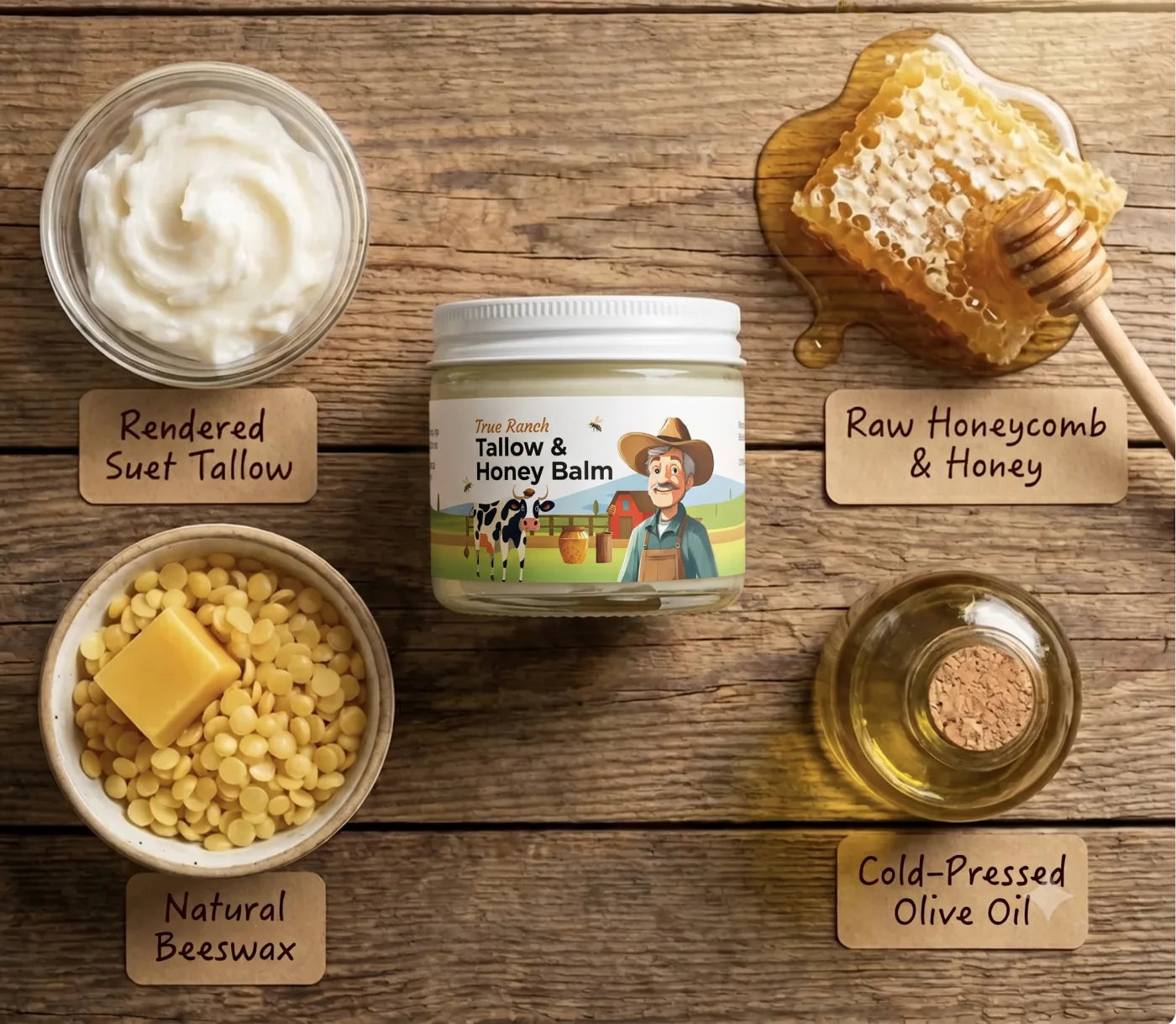 The four natural ingredients of the Tallow & Honey Balm